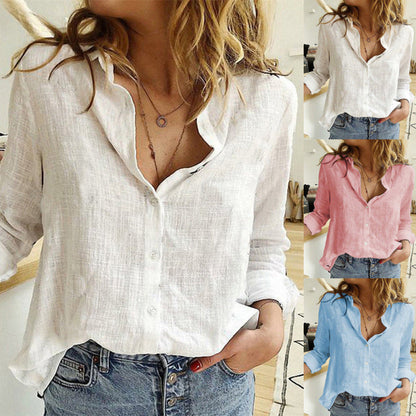 Women Casual Basic Solid Color Loose Long Sleeve Linen Shirt