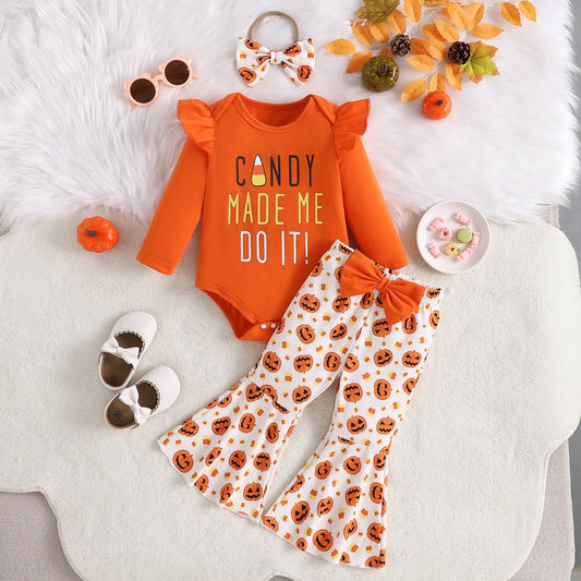 Kids Baby Girls Casual Cartoon Letter Long Sleeve Romper Set