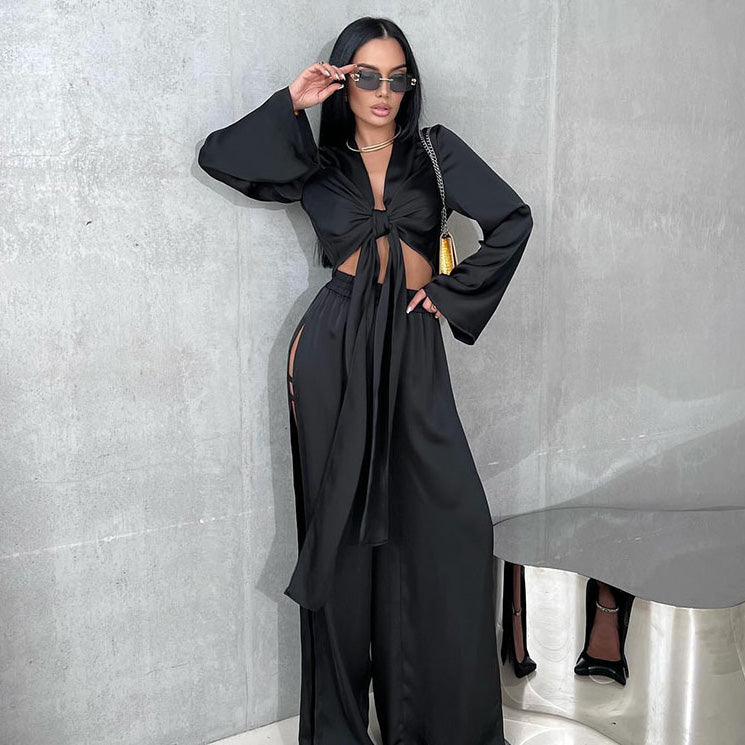 Ensemble deux pièces à lacets et manches longues pour femme, en polyester uni