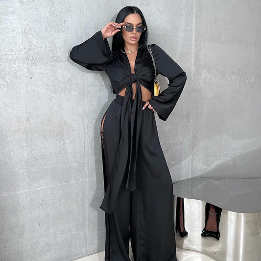 Ensemble deux pièces à lacets et manches longues pour femme, en polyester uni