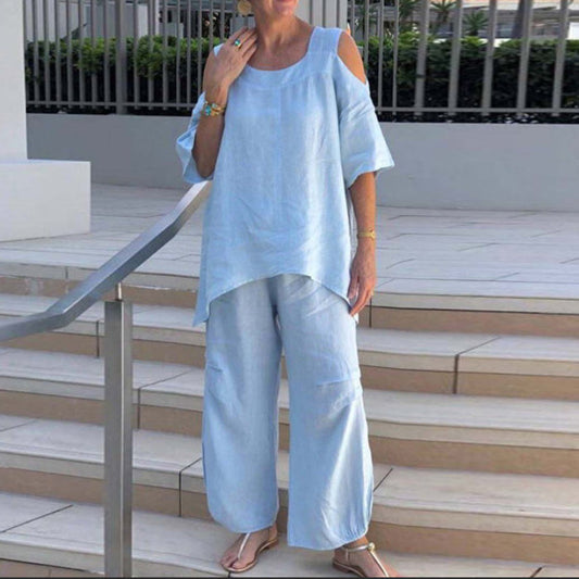 Conjunto de blusa y pantalón de verano de talla grande para mujer