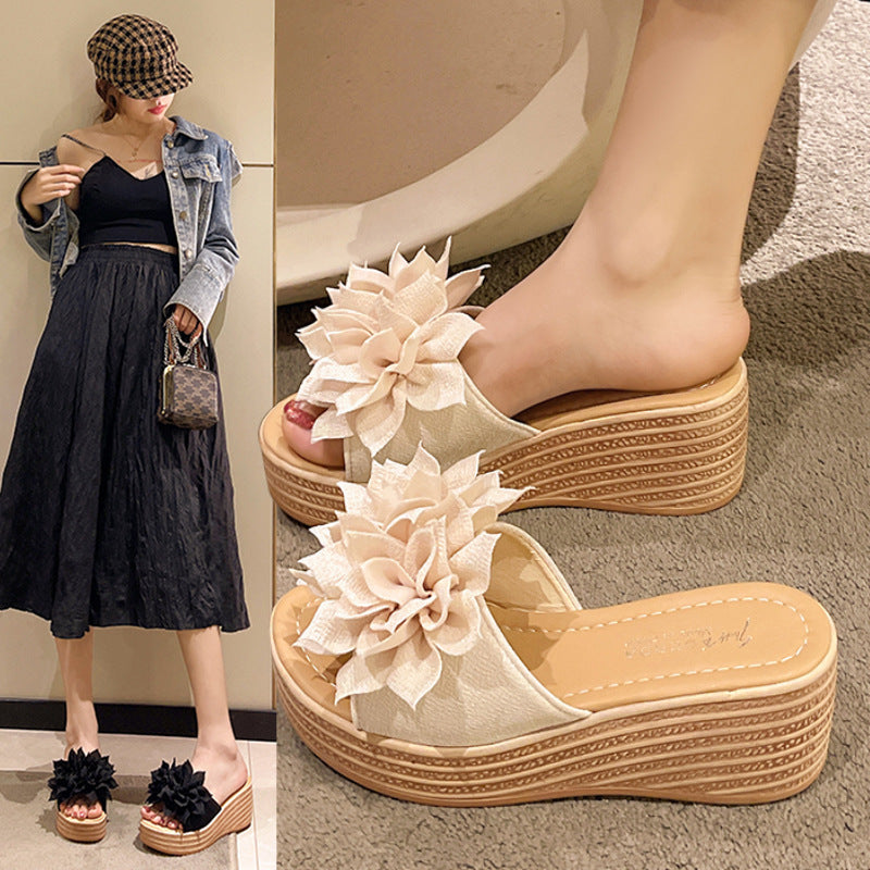 Women Fashion Vacation Beach Floral Platform Wedge Heel Slippers