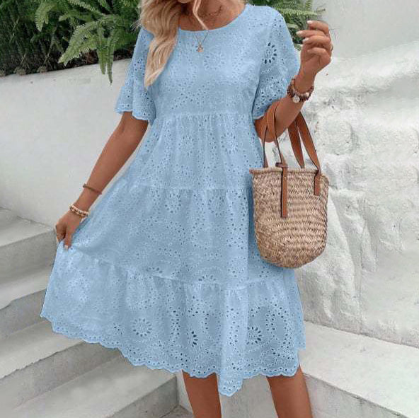 Robe décontractée à manches courtes en coton et dentelle pour femme