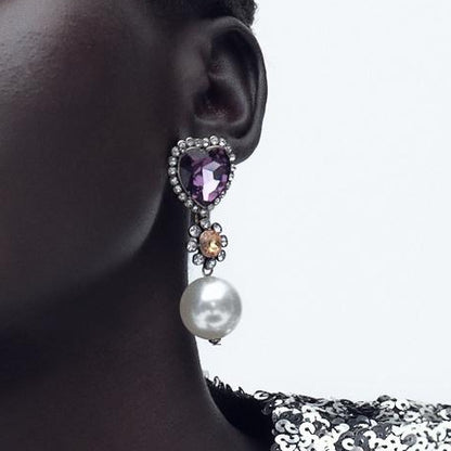 Pendientes de perlas y diamantes de imitación retro para mujer, joyería de moda estilo corazón