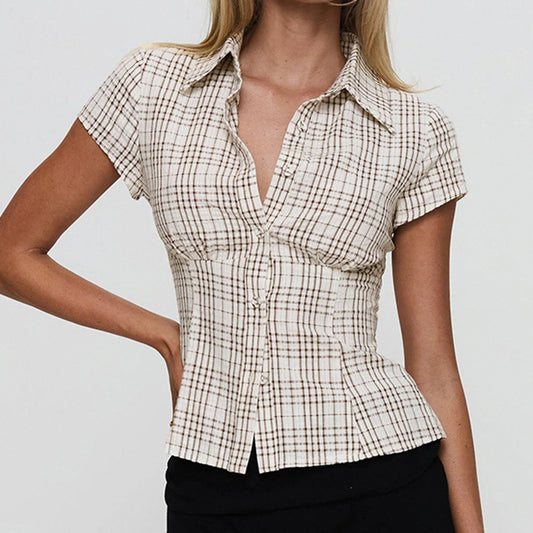 Women Fashion Casual Stripe Lapel Short-Sleeve Blouse
