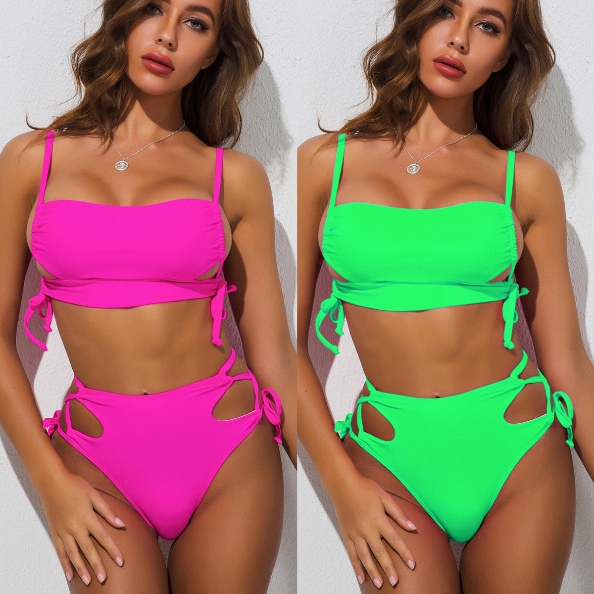 Bikini sexy à lacets ajourés de couleur unie pour femme