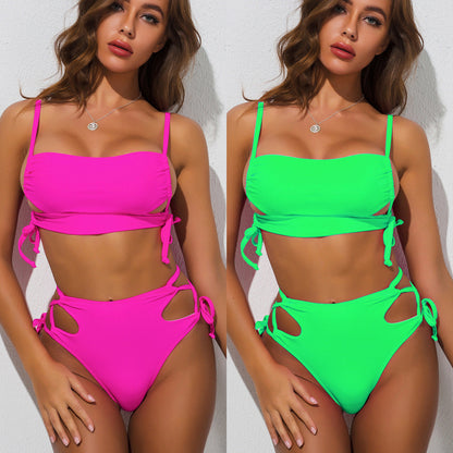 Bikini sexy à lacets ajourés de couleur unie pour femme