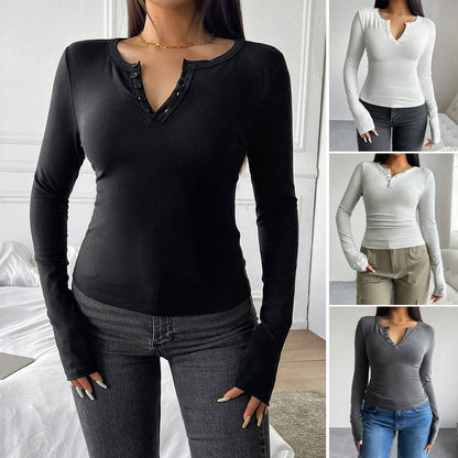 Women Casual Simple V-Neck Button Long Sleeve Blank T-Shirt