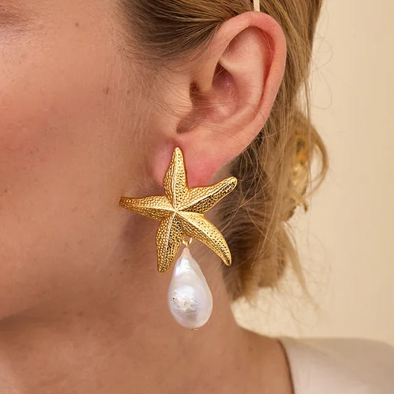 Women Fashion Casual Alloy Starfish Pearl Pendant Earrings