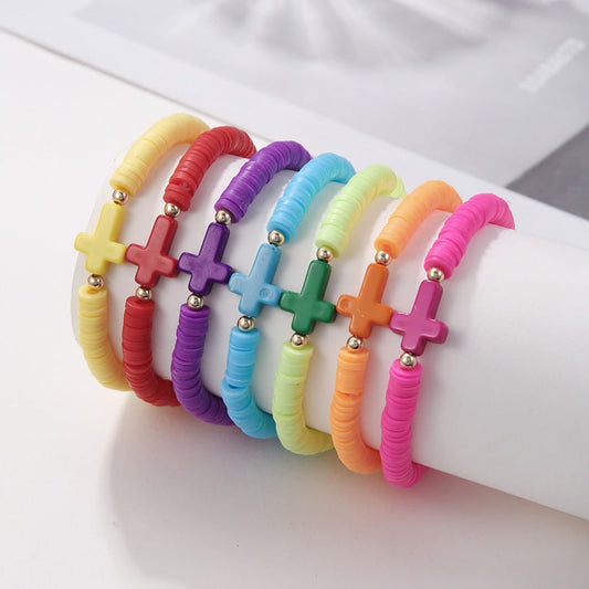 Conjunto de pulseras de cuentas de cerámica suave con cruz multicolor bohemia