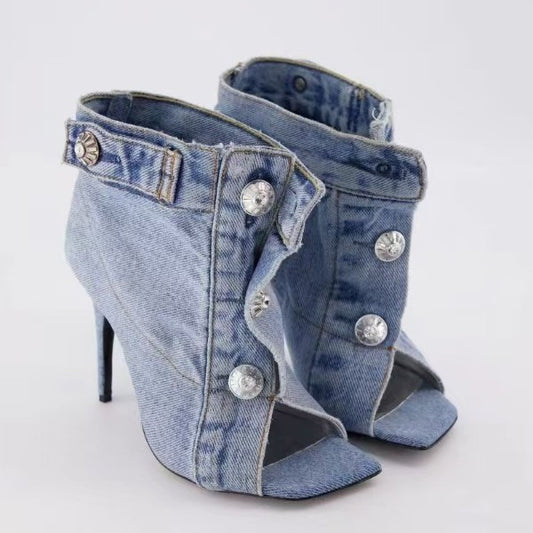Zapatos casuales de mezclilla con punta cuadrada y tacón grueso para mujer
