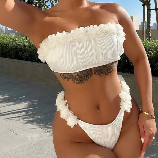 Women Fashion Sexy Flower Decoration Tube Top Bikini