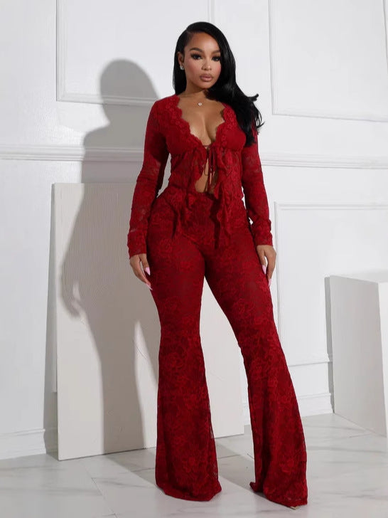 Conjunto de top de manga larga y pantalón ajustado con encaje calado para mujer