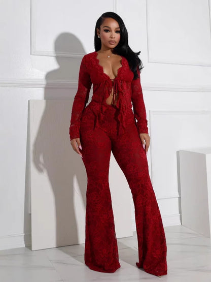 Conjunto de top de manga larga y pantalón ajustado con encaje calado para mujer