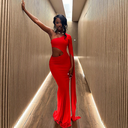 Vestido maxi ajustado sexy de color sólido con hombros descubiertos para mujer