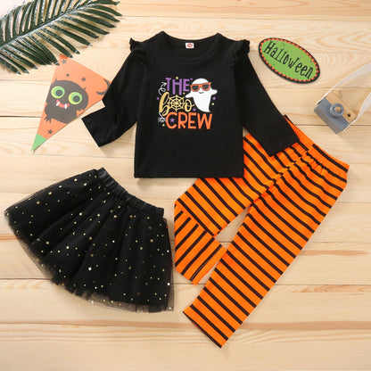 Conjunto de camiseta y falda con estampado de letras de Halloween para niñas pequeñas