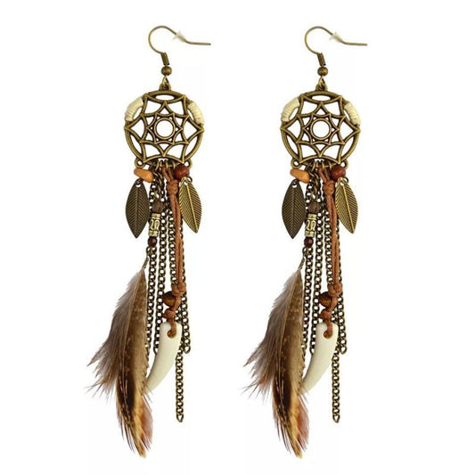 Pendientes bohemios hechos a mano con borlas de plumas huecas