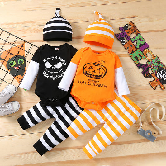 Kids Baby Boys Girls Casual Pumpkin Print Long Sleeve Romper Trousers Set