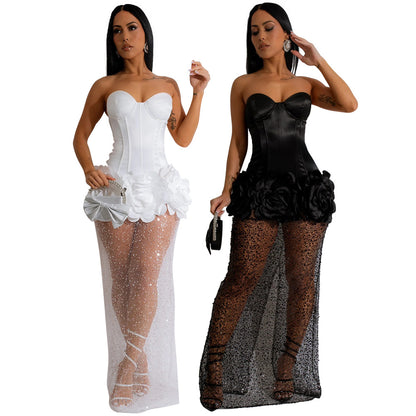 Women Sexy Solid Color Tube Top Ruffled Mesh Party Dress