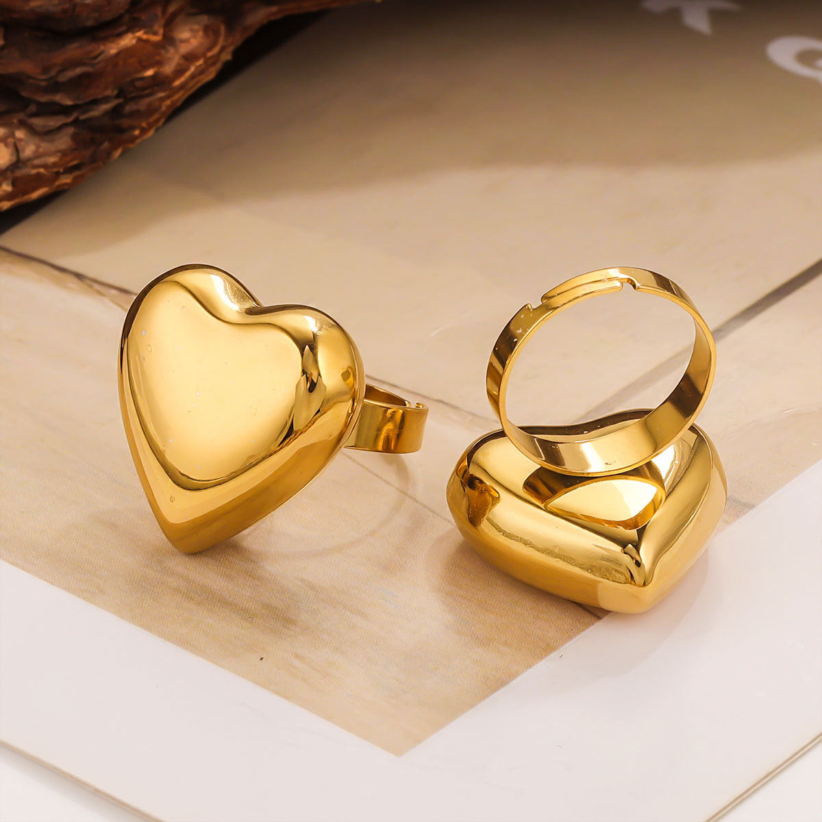 Bague ajustable en forme de cœur plaquée or 18 carats pour femme
