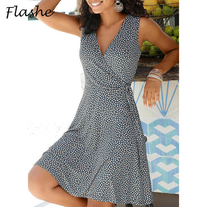 Women Elegant Casual Polka Dot V Neck Sleeveless Bandage Dress