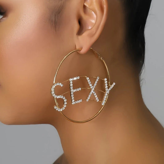Women Fashion Geometric Letter Zircon Large Circle Earrings