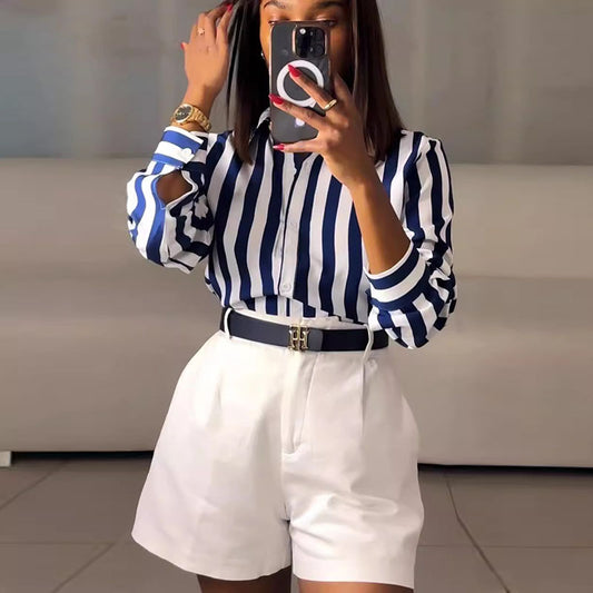 Women Casual Stripe Print Lapel Blouse Shirt
