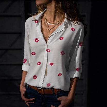 Women Casual Lips Love Print Long Sleeve Blouse