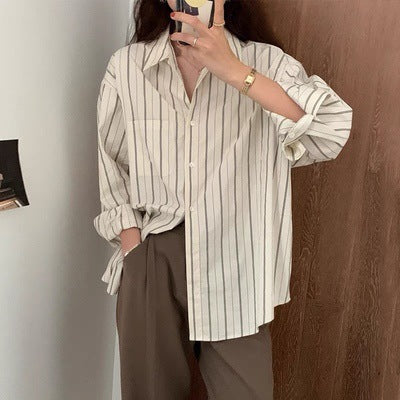 Women Casual Vertical Stripe Lapel Long-Sleeve Blouse