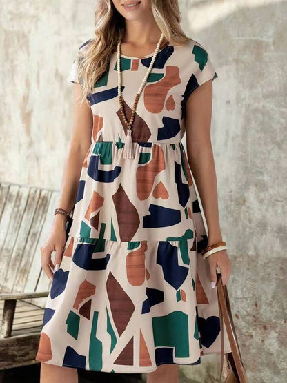 Robe décontractée imprimée à manches courtes pour femme en polyester