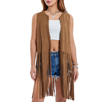 Women Casual Solid Color Suede Long Tassel Vest