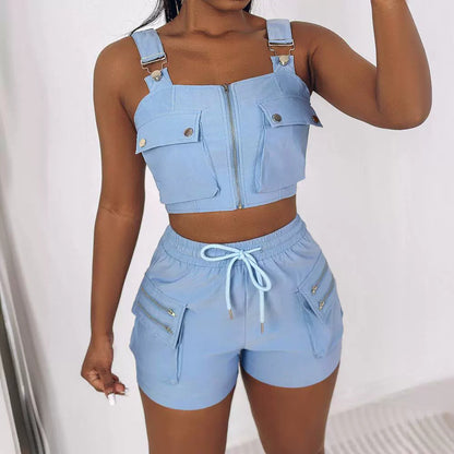 Women Fashion Sexy Solid Color Pockets Zipper Camisole Drawstring Shorts Two-Piece Set