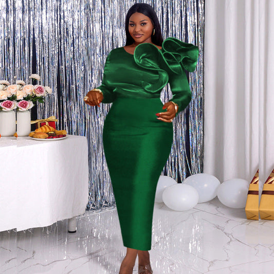 Women Fashion Elegant Ruffled Long Sleeve Solid Color Cocktail Party Dress