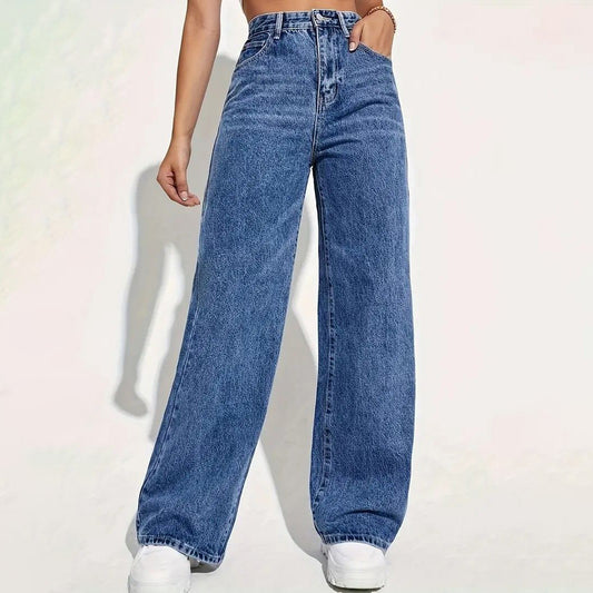 Women Fashion Casual Solid Color High Waist Jeans