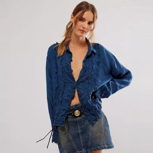 Women Fashion Solid Color Lace Cotton Linen Shirt