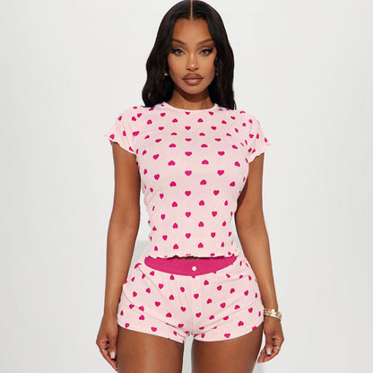 Women‚Äôs Casual Love Print Short-Sleeve Knitting Pajama Set