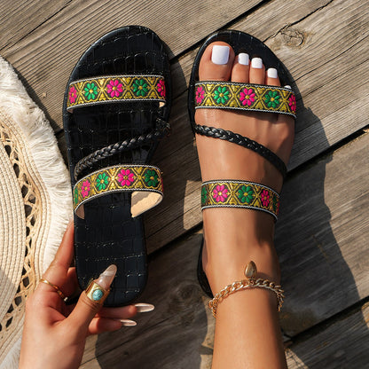 Women Casual Vacation Flower Embroidered Flat Slippers