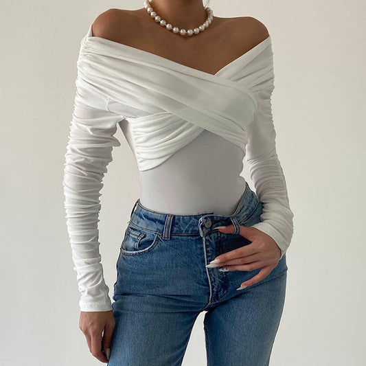 Women Off Shoulder V-Neck Pleated Bodysuit - Long Sleeve Polyester Style