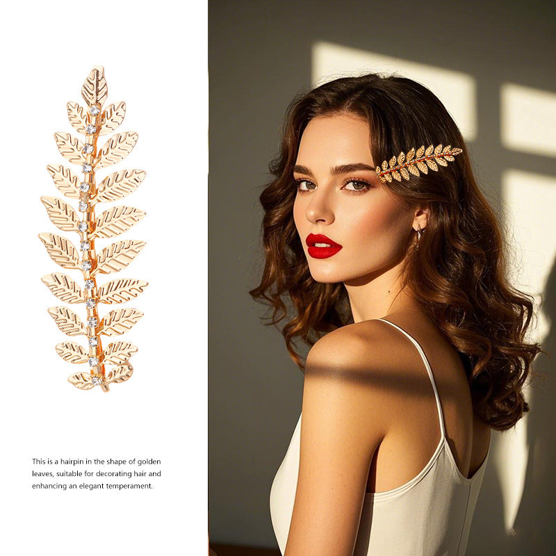 Fashion Rhinestone Gold Leaves Hairpin