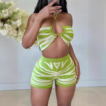 Conjunto sexy de cuello halter con estampado digital a la moda para mujer