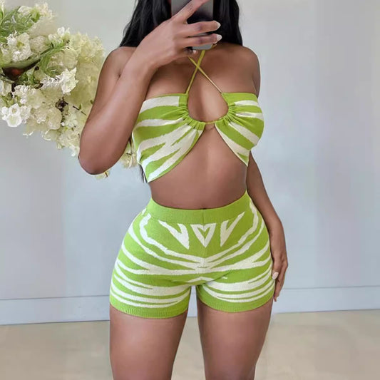 Women Fashion Sexy Digital Printed Halter-Neck Set