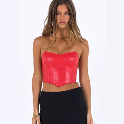 Women Sexy Solid Color PU Tube Top - Strapless Slim Fit