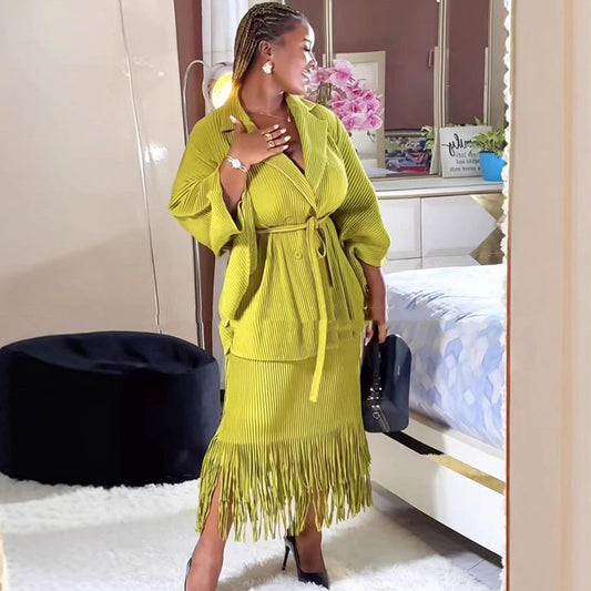 African Women Lapel V-Neck Long Sleeve Cardigan Set