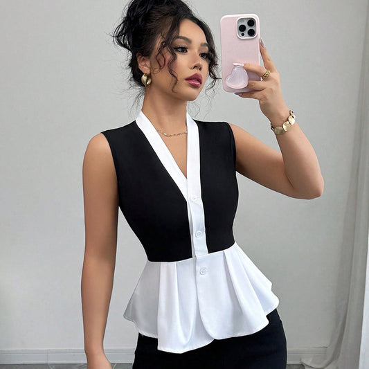 Women Fashion Sleeveless Stitching Shirt