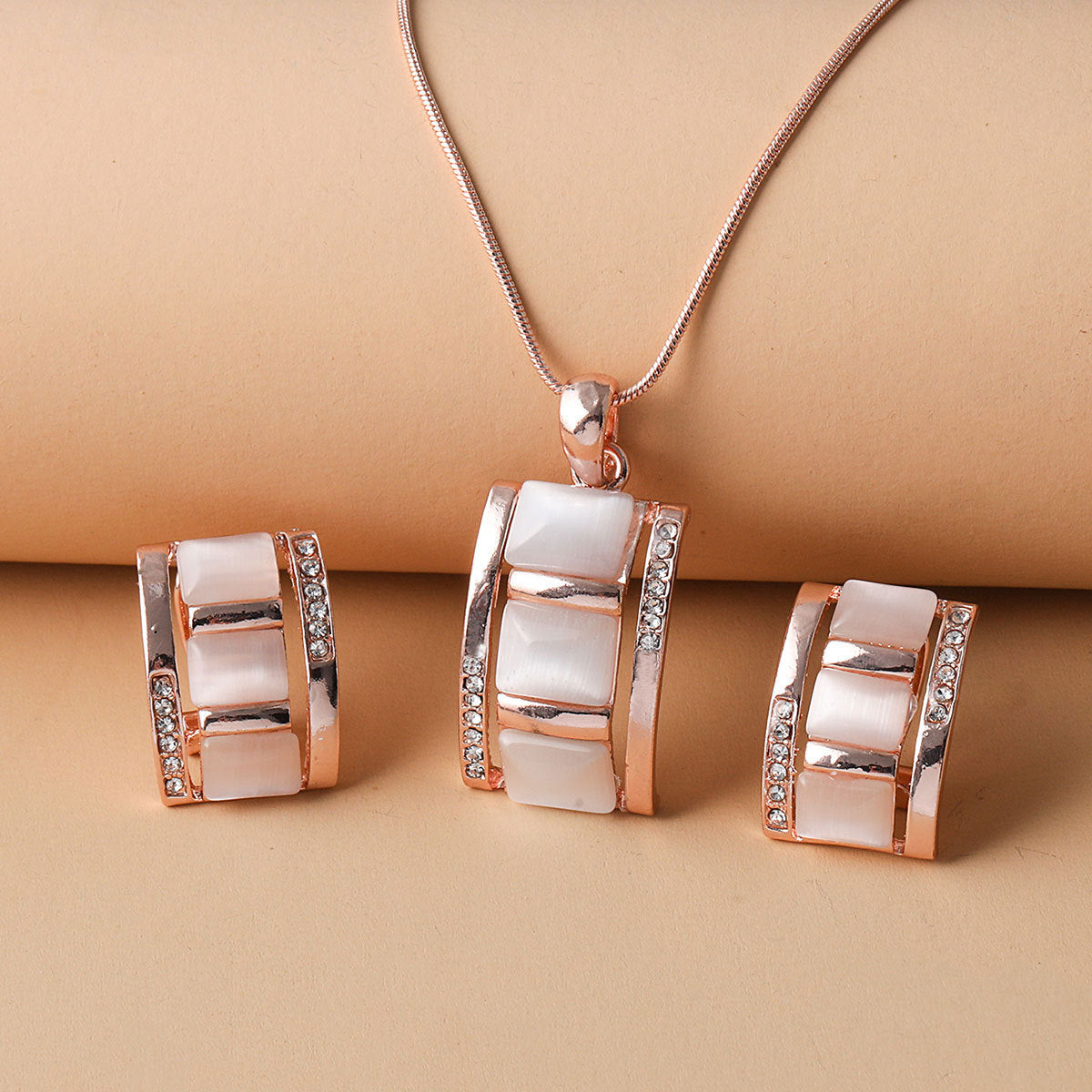 Women Fashion Long Square Cat Eye Necklace Earrings Set Alloy Trendy Jewelry
