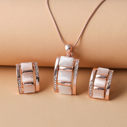 Women Fashion Long Square Cat Eye Necklace Earrings Set Alloy Trendy Jewelry