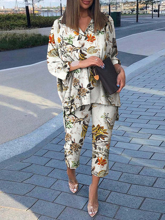 Plus Size Women Cotton Linen Print Two Pieces Set