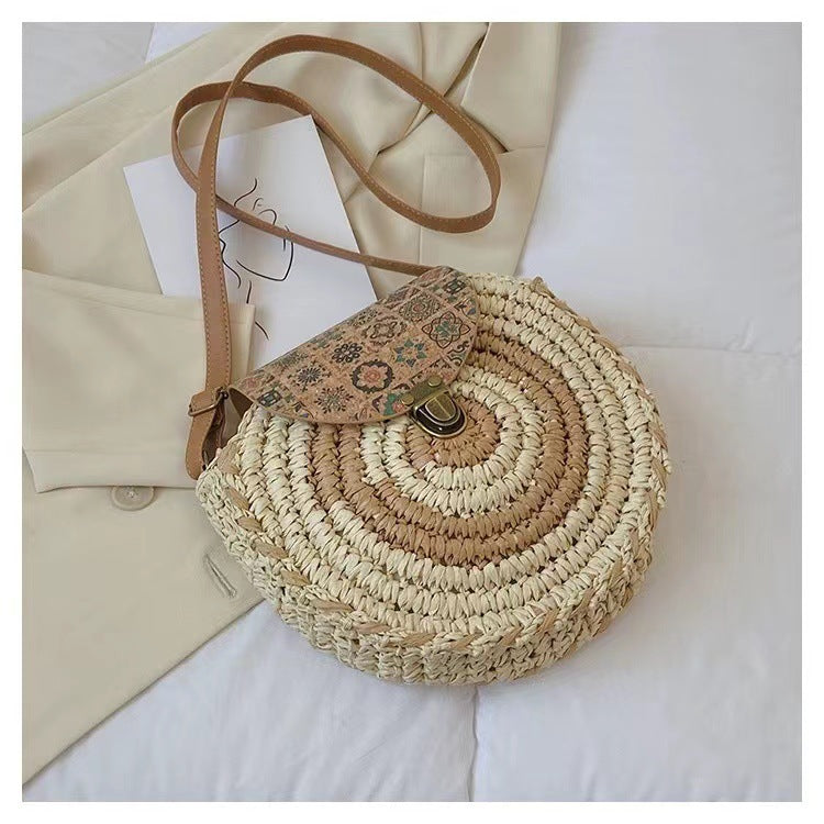 Bolso de paja redondo tejido informal bohemio