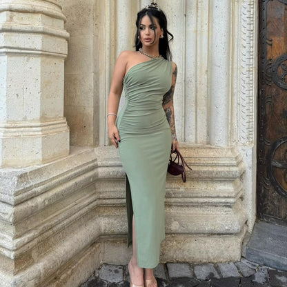 Women Fashion Sexy Solid Color Slant Shoulder Dress
