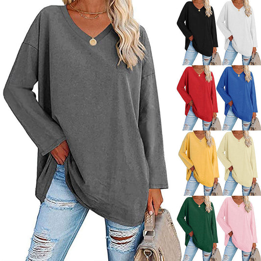 Women Casual Solid Color V-Neck Long Sleeve Blank T-Shirt